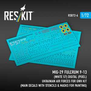 RESKIT RSB72-0006 MiG-29 Fulcrum 9-13 (White 57) Digital (Pixel) Ukrainian Air Forces for GWH kit (Main Decals with Stencils &amp; Masks for painting)1/72