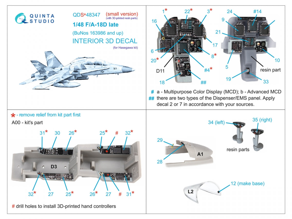 Quinta Studio QDS+48347 FA-18D late 3D-Printed coloured Interior on decal paper (Hasegawa) (with 3D-printed resin parts) (Small version) 1/48 – imagen 2