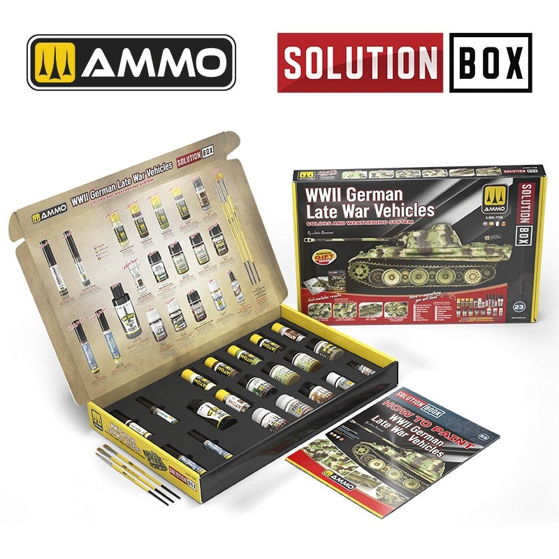 AMMO de Mig Jimenez 7729 SOLUTION BOX 23 – Véhicules allemands de fin de guerre de la Seconde Guerre mondiale. Système de couleurs et de vieillissement – image 2
