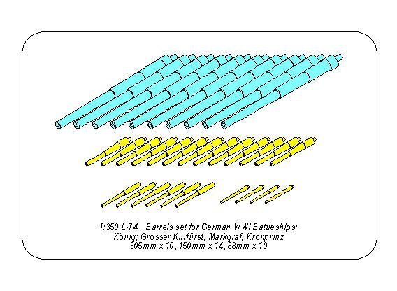 Aber 350L-74 Barrels set for German WWI Battleships: König; Grosser Kurfürst; Markgraf; Kronprinz 305mm x 10, 150mm x 14, 88mm x 10 1/350 – imagen 12