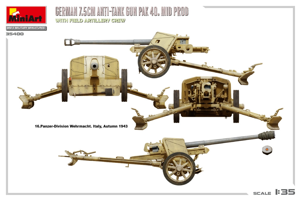 MiniArt 35400 GERMAN 7.5CM ANTI-TANK GUN PAK 40. MID PROD. WITH FIELD ARTILLERY CREW 1/35 – Bild 6