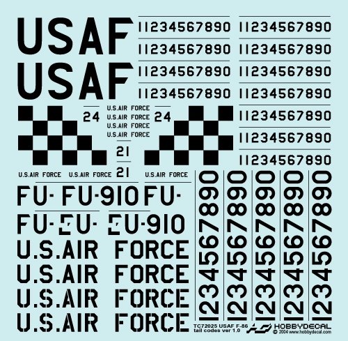 HobbyDecal TC72025V1 USAF F-86 Tail Codes ver 1 1/72