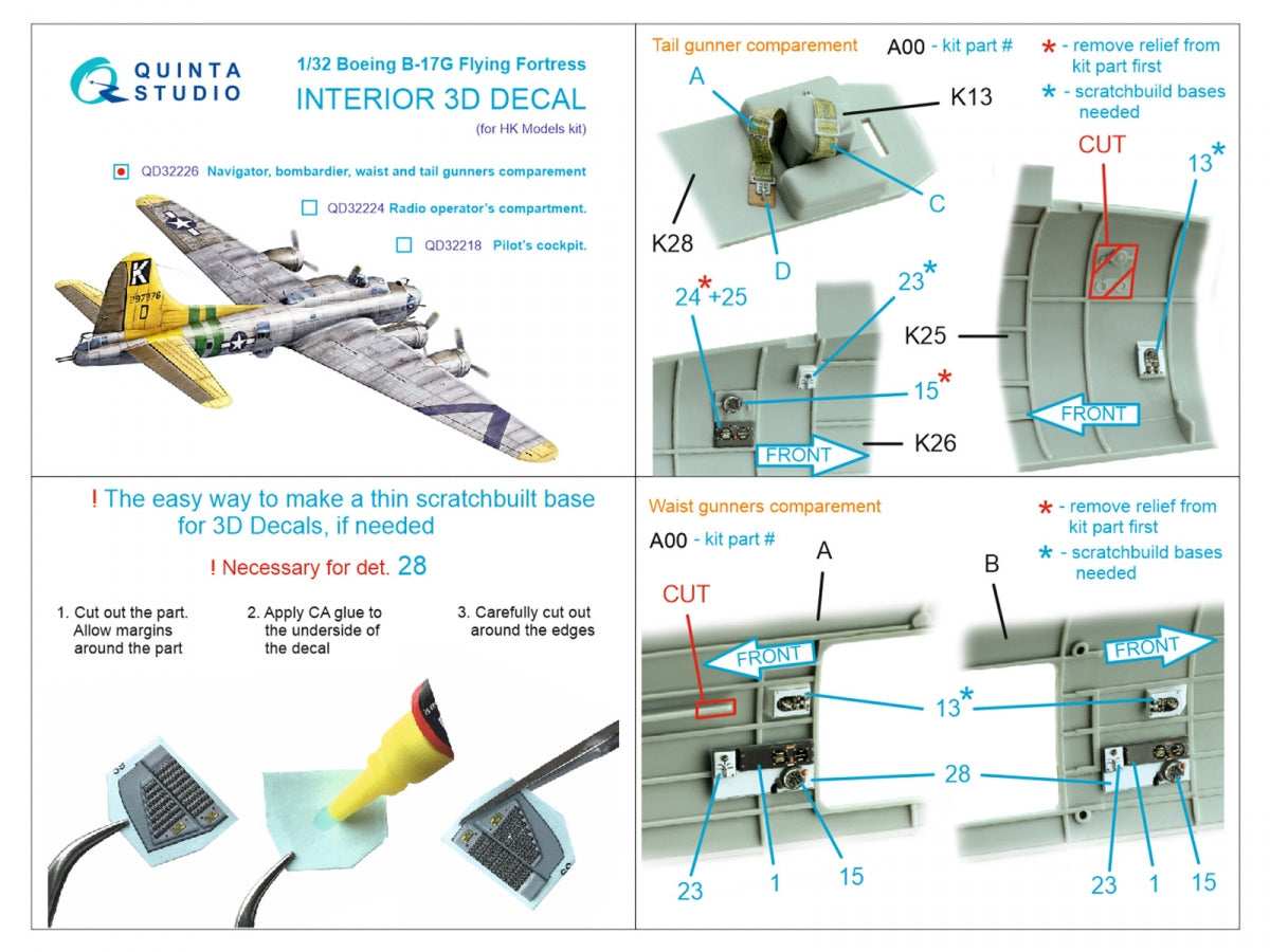 Quinta Studio QD32226 Boeing B-17G Navigator, bombardier, waist and tail gunners compartments. 3D-Printed coloured Interior (HK models) 1/32 – Bild 2