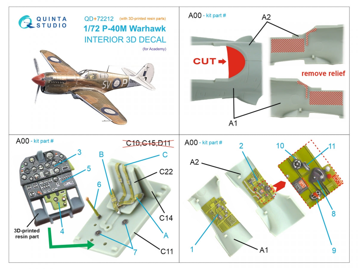 Quinta Studio QD+72212 P-40M Warhawk 3D-Printed &amp;amp; coloured Interior on decal paper (Academy) (with 3D-printed resin parts) 1/72 – imagen 11