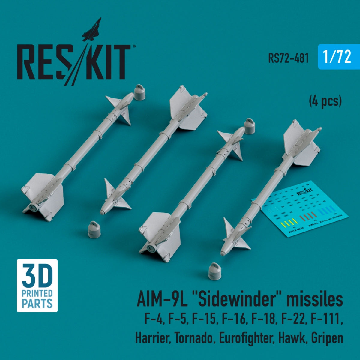 RESKIT RS72-0481 AIM-9L &amp;quot;Sidewinder&amp;quot; missiles (4 pcs) (3D Printed) 1/72
