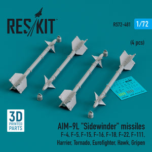 RESKIT RS72-0481 AIM-9L &amp;quot;Sidewinder&amp;quot; missiles (4 pcs) (3D Printed) 1/72