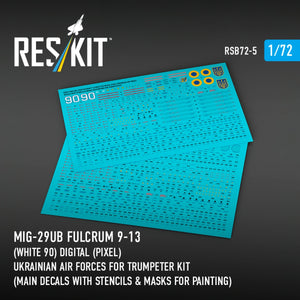 RESKIT RSB72-0005 MiG-29UB Fulcrum 9-13 (White 90) Digital (Pixel) Ukrainian Air Forces for Trumpeter kit (Main Decals with Stencils &amp; Masks for painting)1/72