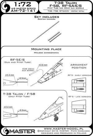 Master AM-72-141 T-38 Talon / F-5B / RF-5A, E, S - Rurka Pitota i lufy działek 20mm 1/72 – Bild 3
