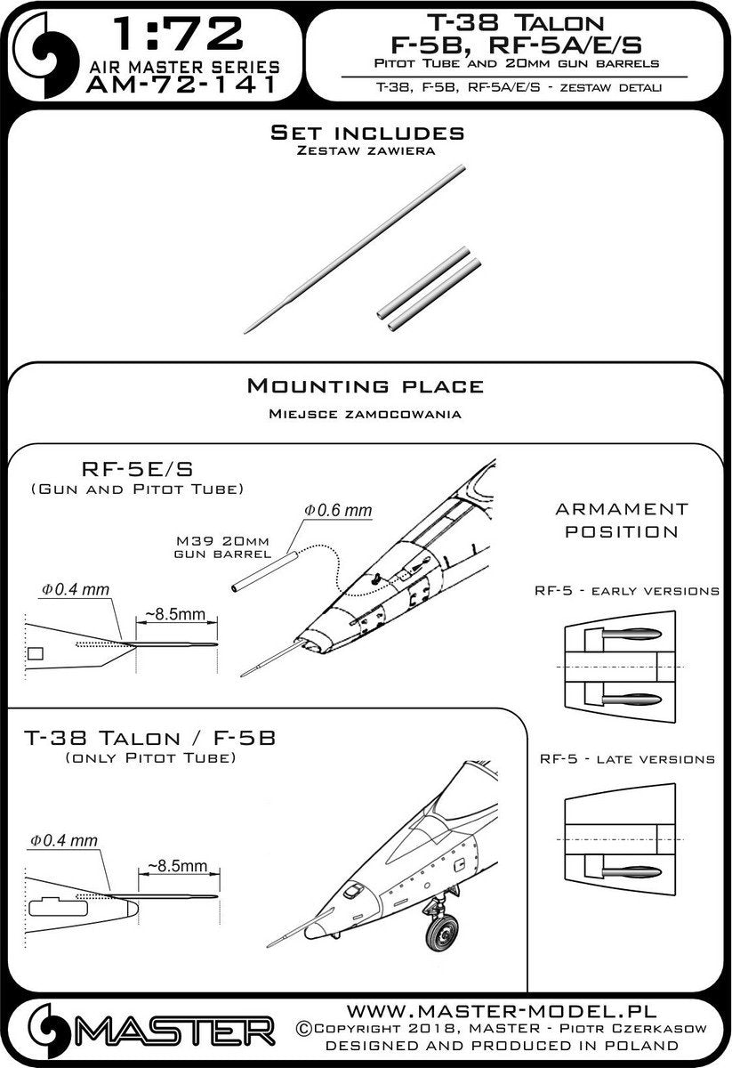 Master AM-72-141 T-38 Talon / F-5B / RF-5A, E, S - Rurka Pitota i lufy działek 20mm 1/72 – Bild 3