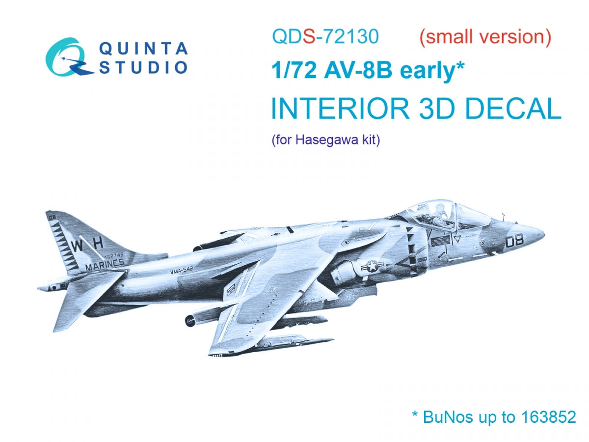 Quinta Studio QDS-72130 AV-8B early 3D-Printed coloured Interior on decal paper (Hasegawa) (small version) 1/72