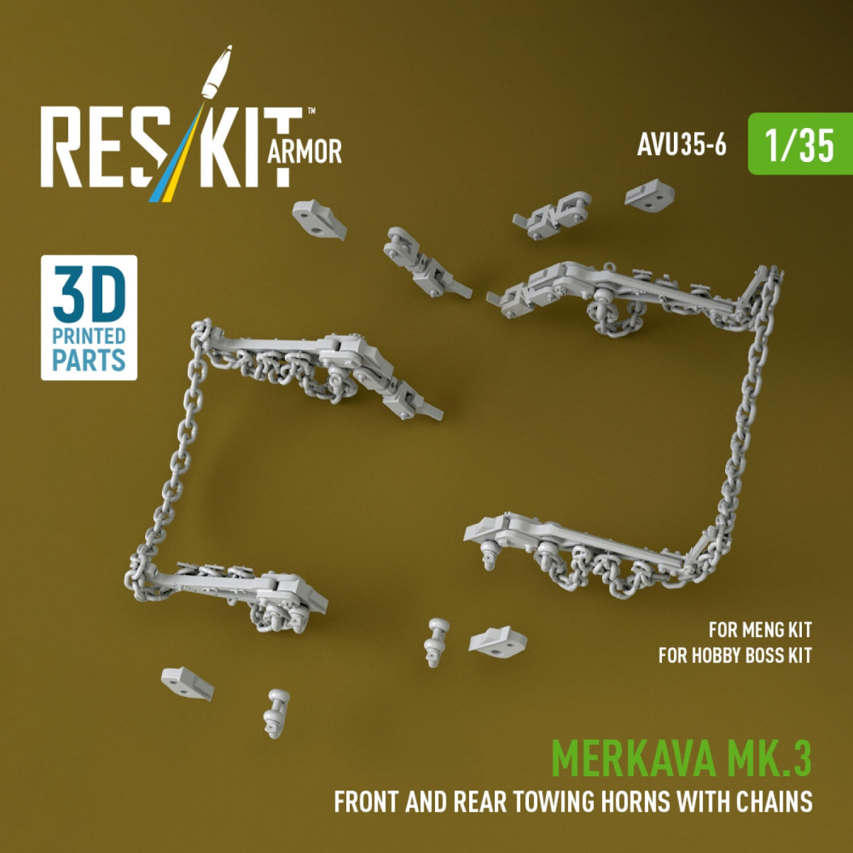 RESKIT AVU35-0006 Merkava Mk.3 front and rear towing horns with chains for Meng/Hobby Boss kit (3D Printed) 1/35
