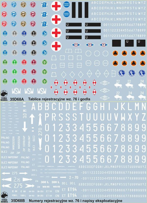 ToRo Modèle 35D68 - Véhicules de l'armée polonaise : insignes d'unité, numéros d'immatriculation, modèle 76 et pochoirs, échelle 1/35