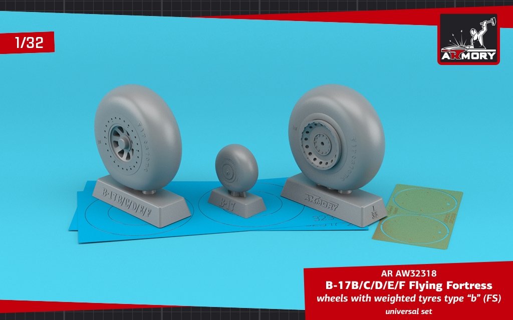 Armory Models AW32318 B-17B/C/D/E/F Flying Fortress wheels w/ weighted tyres type “b” (FS) PE hubcaps 1/32