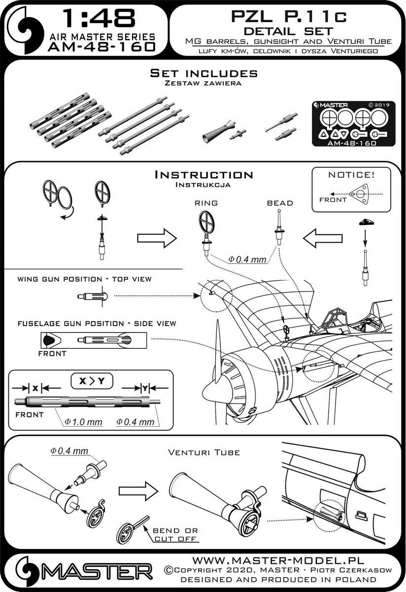 Master AM-48-160 PZL P.11c - detail set - wz. 33 rifle barrels, sights and Venturi nozzle 1/48 – image 9