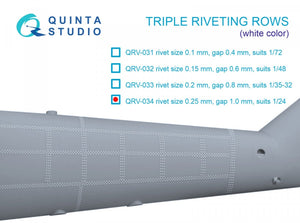 Rangées de rivets triples Quinta Studio QRV-034 (taille des rivets : 0,25 mm, écartement : 1,0 mm, convient à l’échelle 1/24), couleur blanche, longueur totale : 3,2 m / 10,5 pi