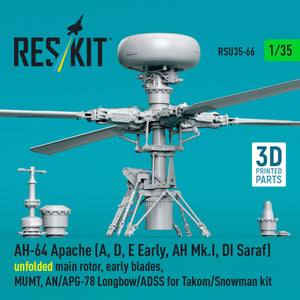 RESKIT RSU35-0066 AH-64 Apache (A, D, E Early, AH Mk.I, DI Saraf) unfolded main rotor, early blades, MUMT, AN/APG-78 Longbow/ADSS for Takom/Snowman kit (3D Printed) 1/35