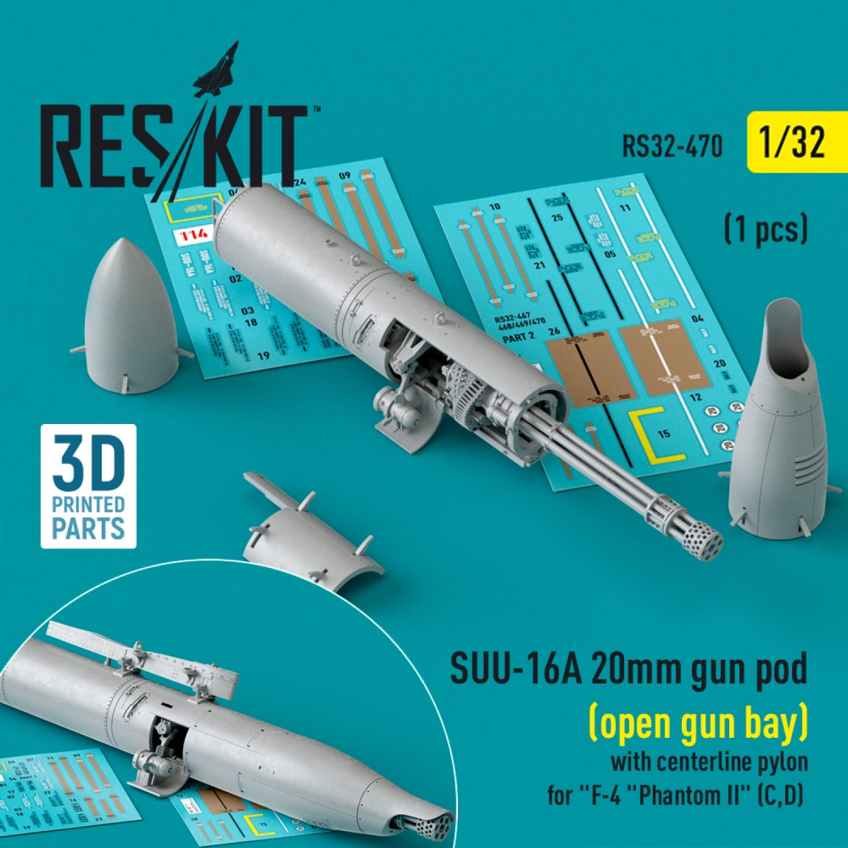 RESKIT RS32-0470 Nacelle de canon SUU-16A de 20 mm (baie ouverte) avec pylône central pour F-4 Phantom II (C, D) (1 pièce) (Impression 3D) 1/32
