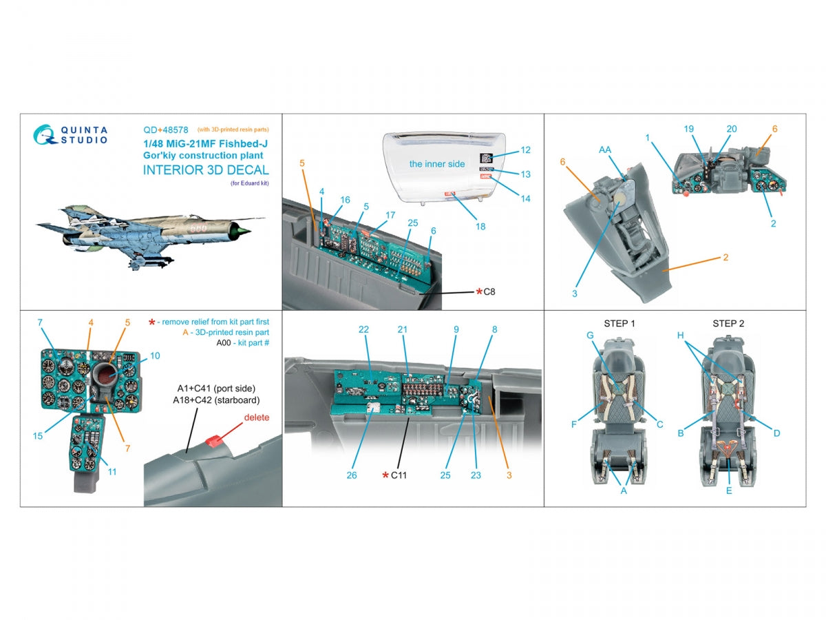 Quinta Studio QD+48578 MiG-21MF Fishbed-J (Gorkiy plant) 3D-Printed &amp;amp; coloured Interior on decal paper (Eduard) (with 3D-printed resin parts) 1/48 – zdjęcie 2