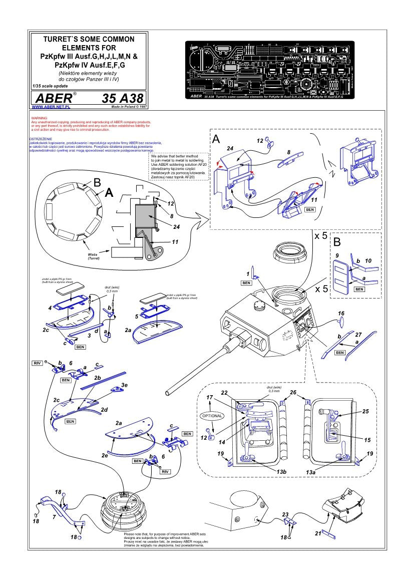 Aber 35A038 Wspólne elementy do wieży Pz.III G,H,J,L,M,N oraz Pz.IV E,F,G 1/35 – immagine 4