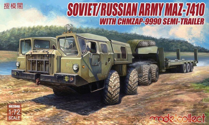 Modelcollect UA72048 MAZ-7410 de l&amp;#39;armée soviétique/russe avec semi-remorque ChMZAP-9990 1/72