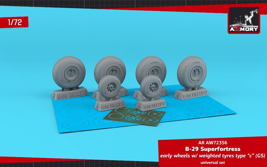 Armory Models AW72356 B-29 Superfortress early production wheels w/ weighted tires type “c” (GS) &amp; PE hubcaps 1/72